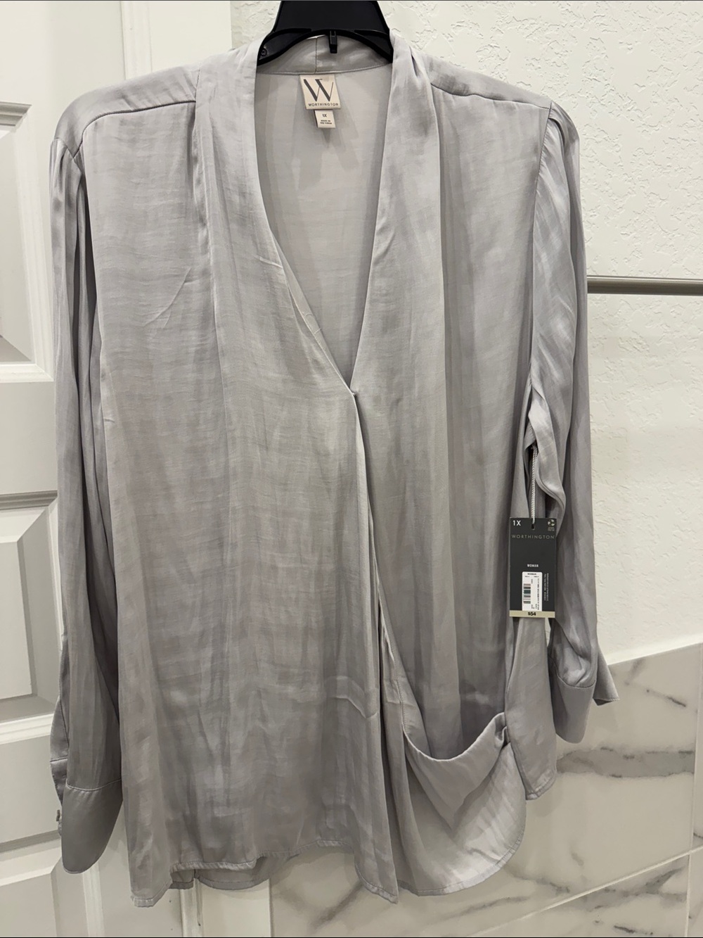 W by Worth Light Gray Draped V-Neck Wrap Blouse-so flattering!